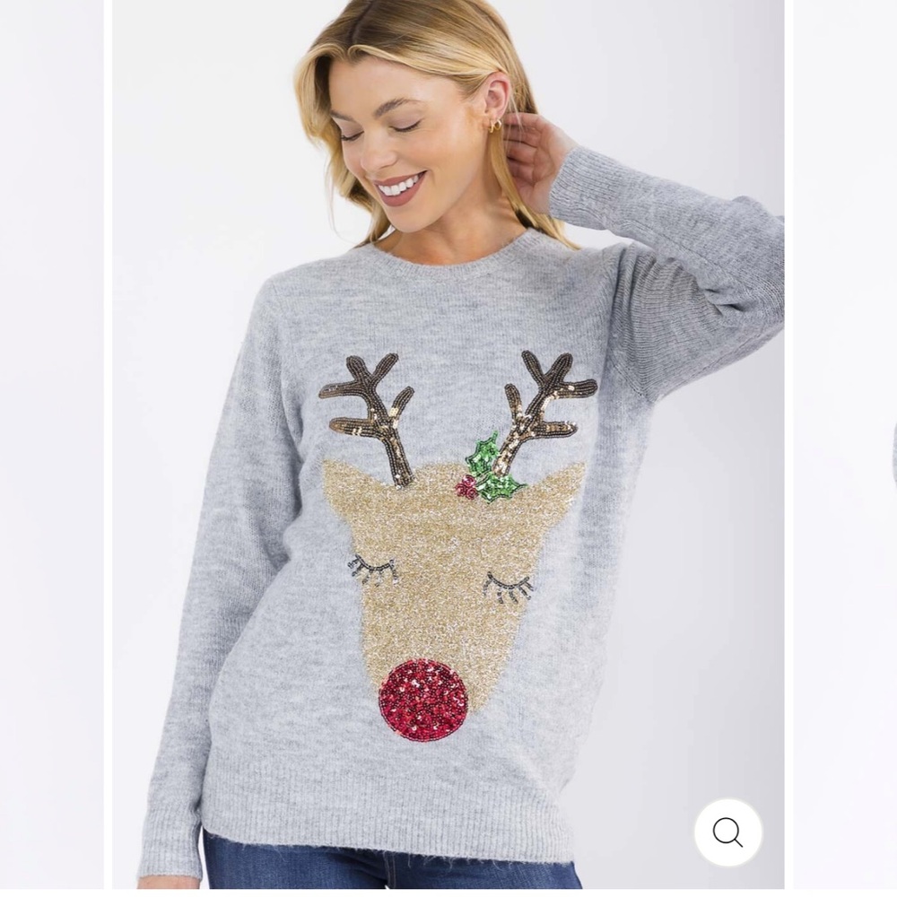 Women’s Gray Sequin Reindeer Holiday Sweater